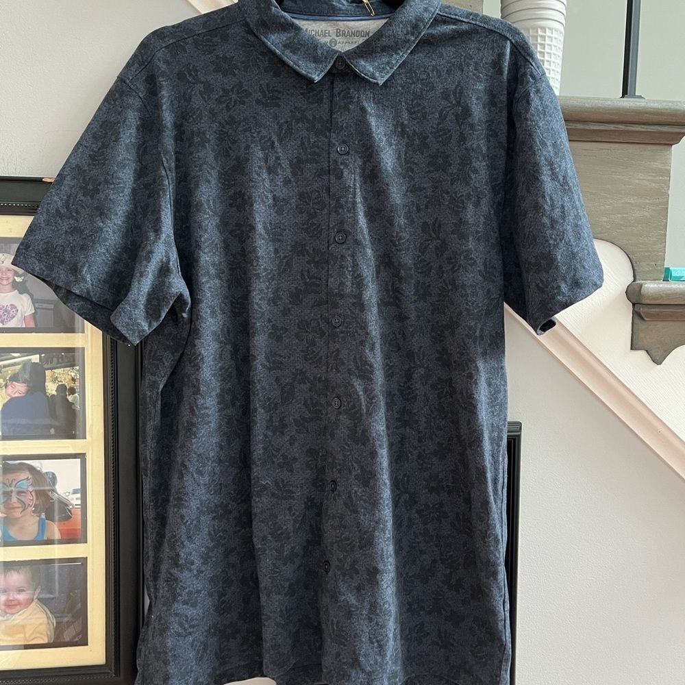 Michael Brandon Blue & Black Print Soft Button Down Polo Shirt sz L NWT
